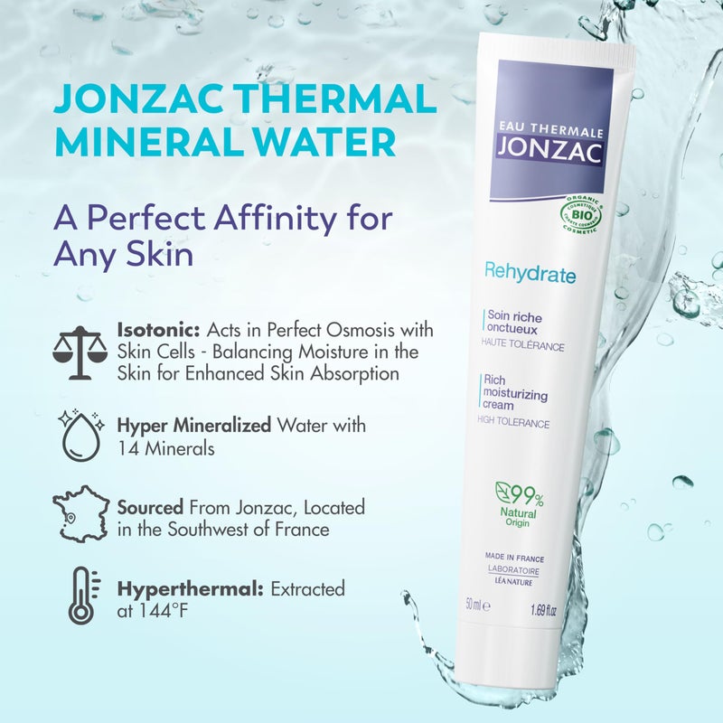 JONZAC Eau Thermale Rehydrate Organic Rich Sensitive Moisturizing Facial Cream - Intense 24hr Hydration, Shea Butter & Natural Hyaluronic Acid - Clinically Proven Skincare, All Skin Types, 1.69 Fl Oz - Image 3